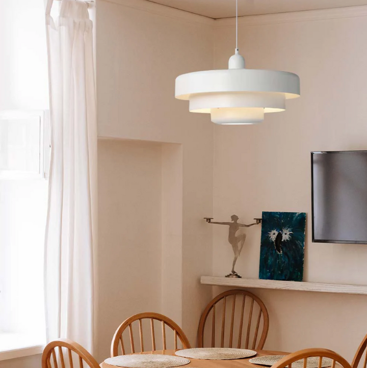 "Bauhaus Metal LED Pendant Light with bold colors, three-tier design, vibrant orange, green, and white for modern decor."