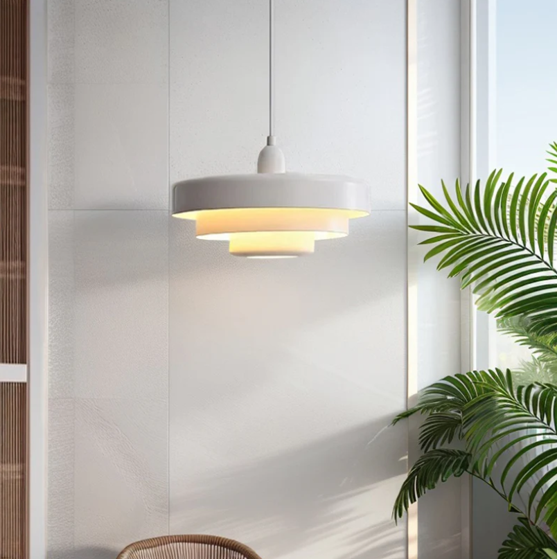 "Bauhaus Metal LED Pendant Light with bold colors, three-tier design, vibrant orange, green, and white for modern decor."