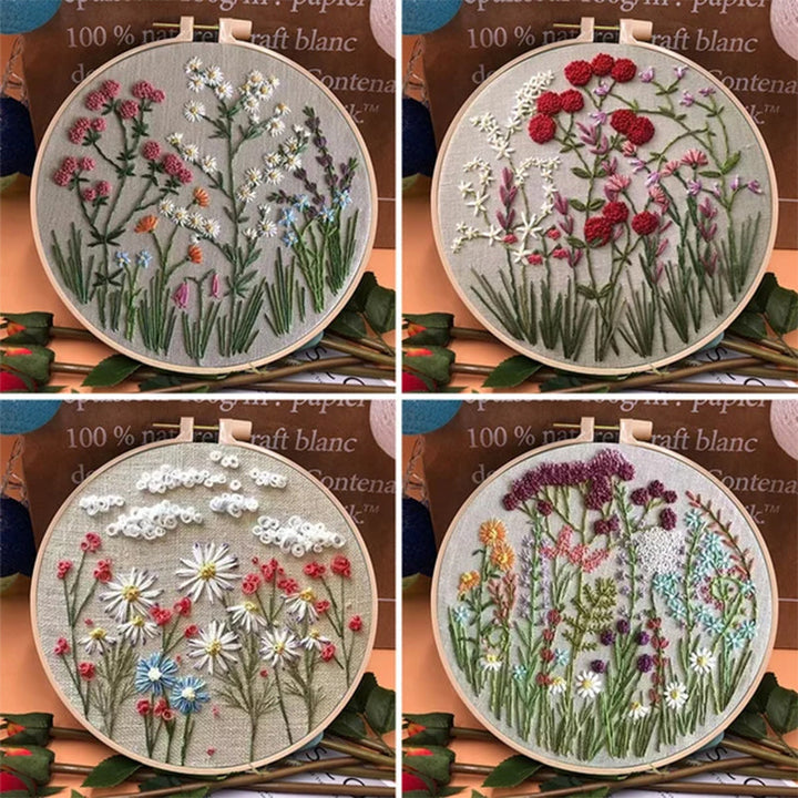 Beginner's DIY floral hand embroidery kit, perfect for stress relief & craft lovers.
