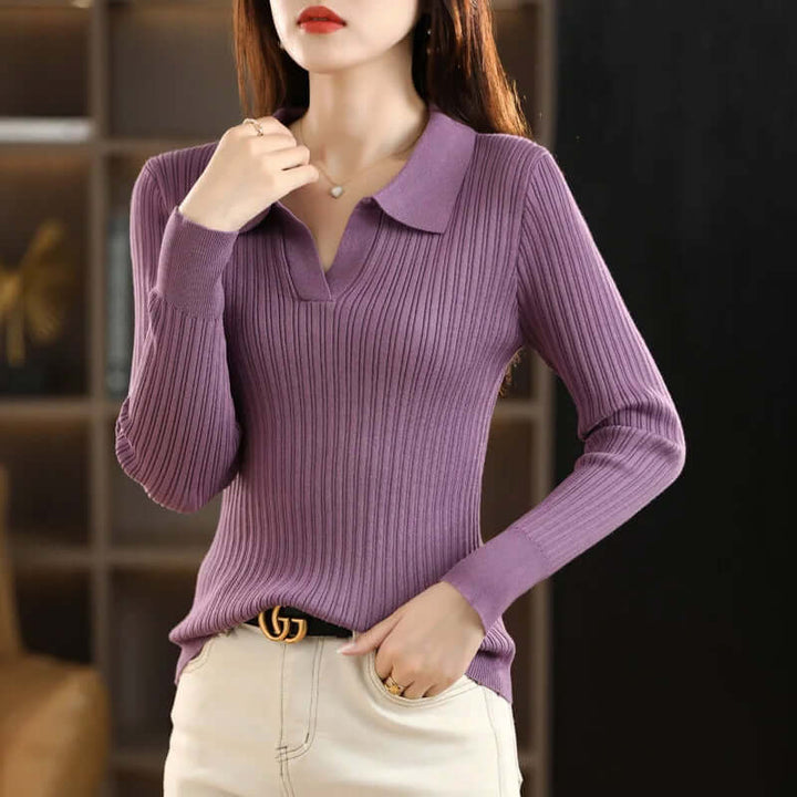 Women's Ribbed V-Neck Polo Shirt