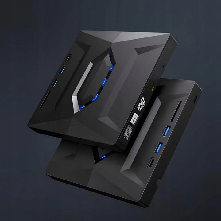 Portable external DVD/CD RW writer & player for laptops. Multi-functional disc burner with USB & SD card slots.
