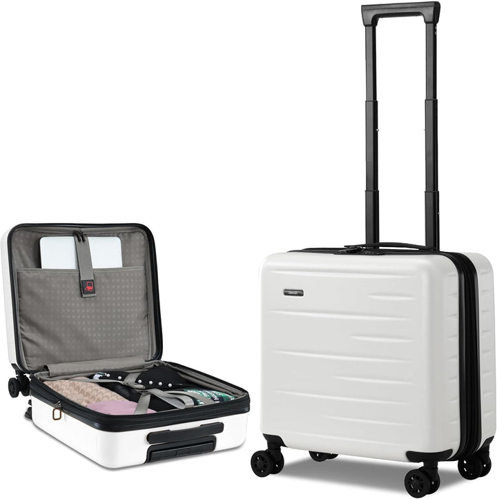 Premium hardshell carry-on suitcase, expandable, with front pocket for essentials & a TSA-approved lock.