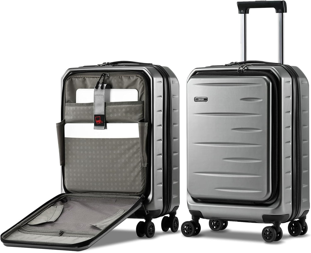 Secure hardshell travel carry-on, expandable, with a handy front pocket & a reliable TSA combination lock.