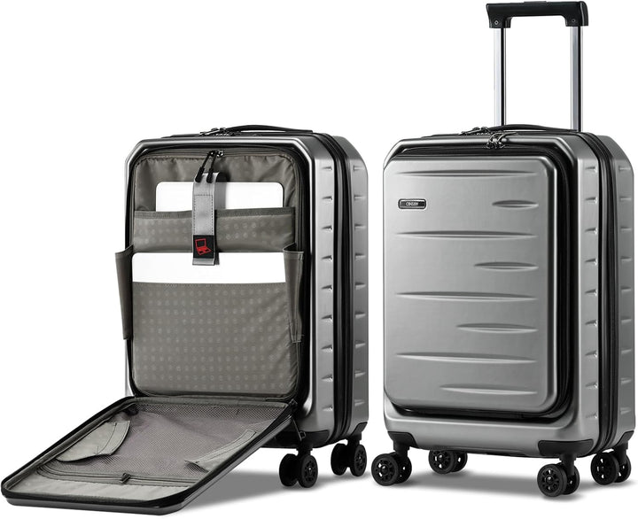 Secure hardshell travel carry-on, expandable, with a handy front pocket & a reliable TSA combination lock.