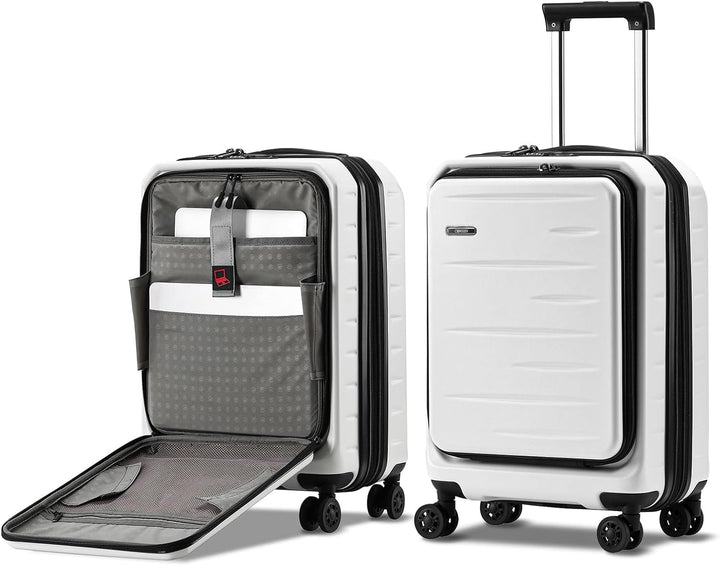 Elegant hardshell carry-on, navy blue, expandable, with a smart front pocket & secure TSA travel lock.