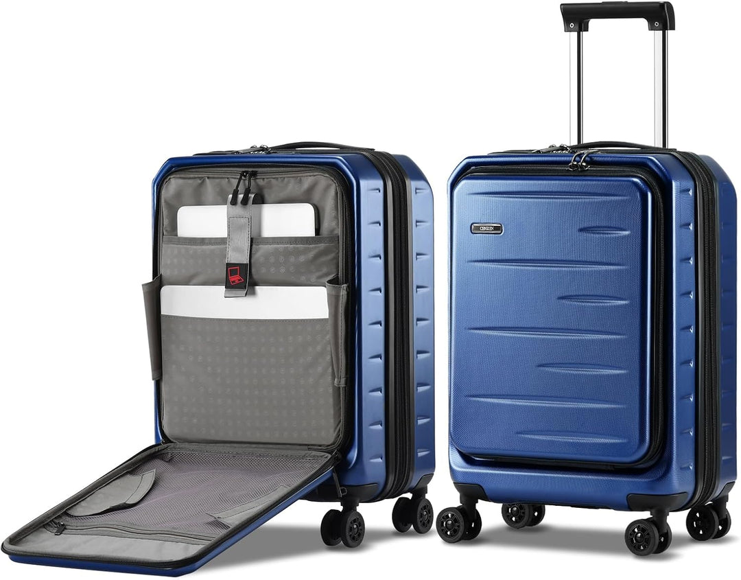 Robust expandable hardshell carry-on suitcase for travelers, front pocket, TSA lock, spinner wheels.