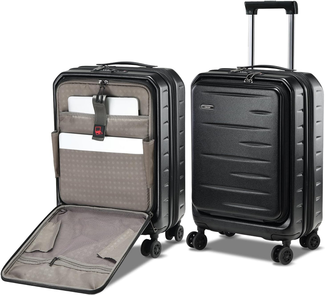 Convenient hardshell carry-on, expandable, with a front compartment for devices & a TSA-friendly lock.