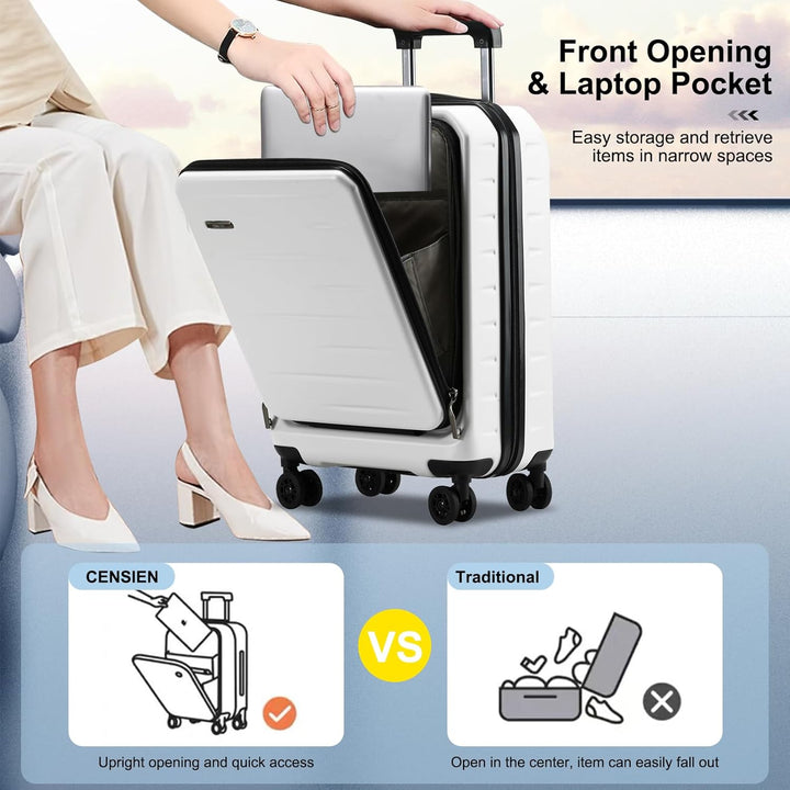 White hardshell expandable carry-on luggage, front laptop pocket, smooth spinner wheels, TSA security.