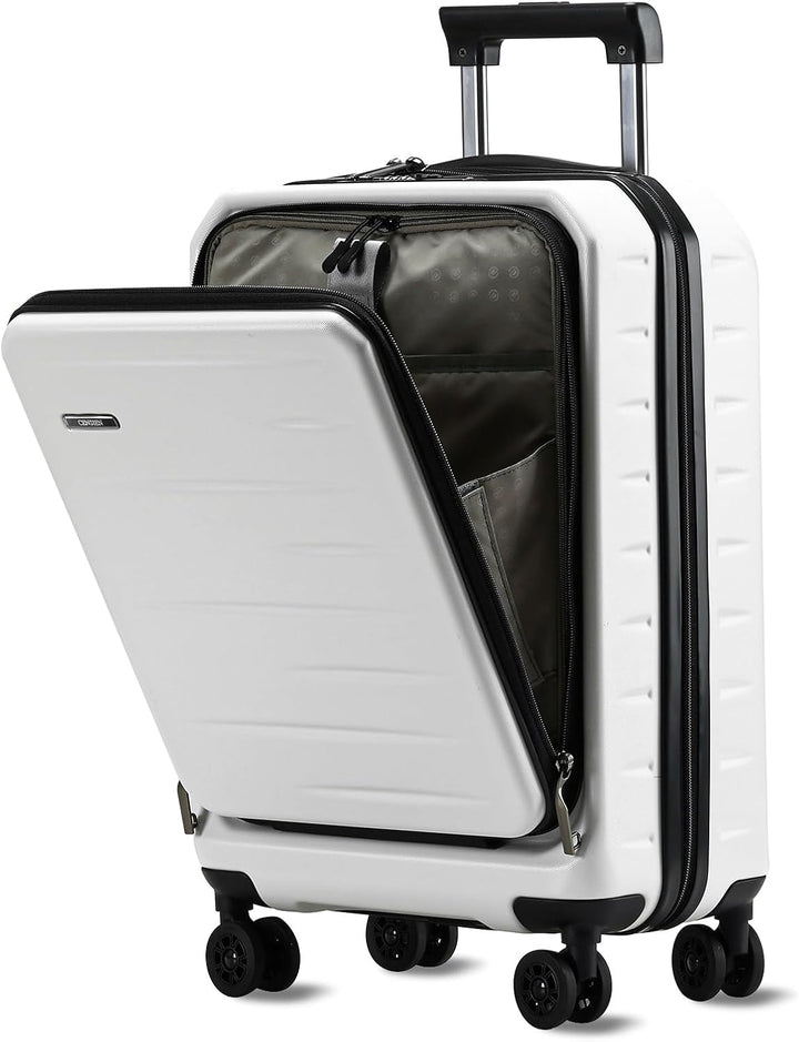 Expandable hard shell carry-on, silver, with a smart front pocket for tech and a reliable TSA lock.