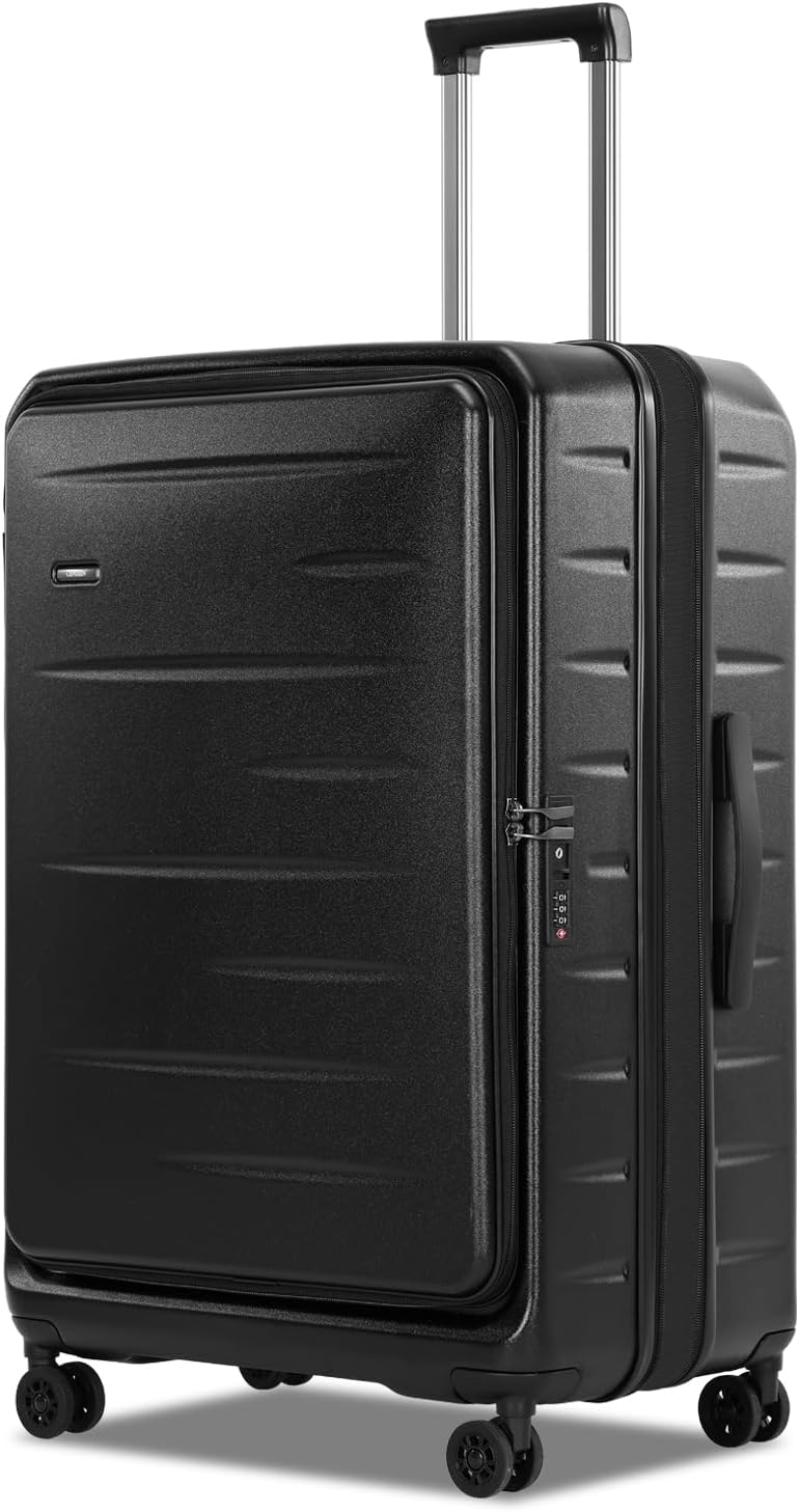 Hardshell expandable carry-on, gray, for easy travel, includes front pocket & TSA lock for security.