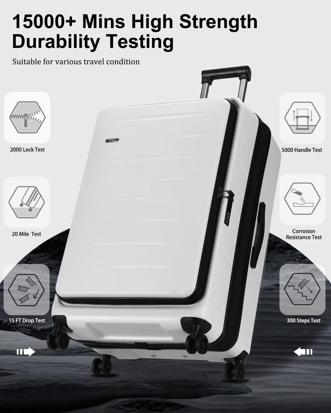 Compact expandable hardshell carry-on, blue, with front pocket and secure TSA combination lock.