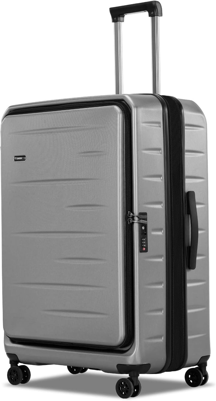 Red expandable hard shell carry-on with spinner wheels, secure TSA lock, and front laptop pocket.