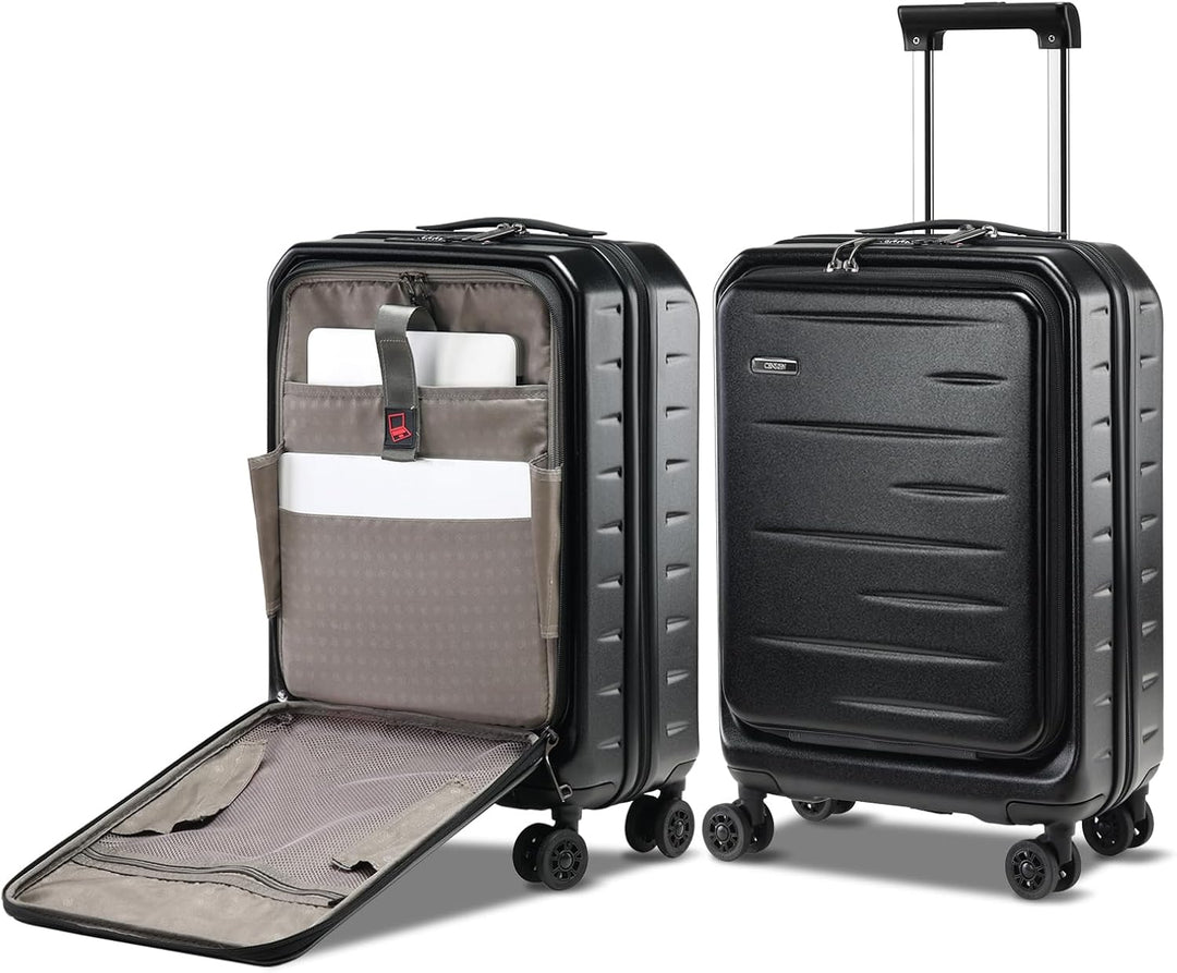 Modern expandable hardshell carry-on, sleek design, front pocket, TSA lock, smooth spinner wheels.