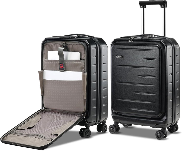 Modern expandable hardshell carry-on, sleek design, front pocket, TSA lock, smooth spinner wheels.