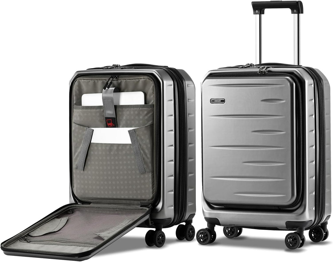 Gray hardshell expandable carry-on, ideal for travel, features front pocket & integrated TSA security lock.