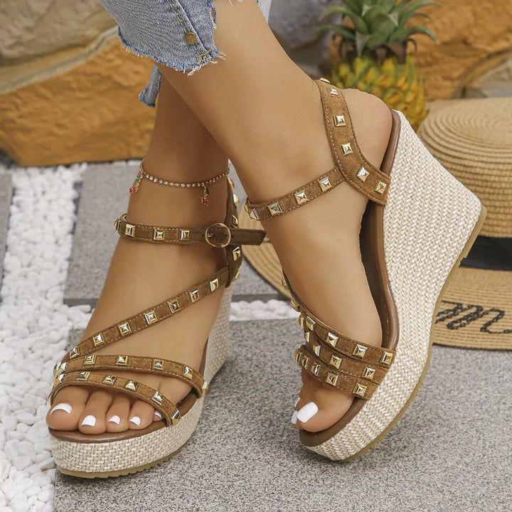 Brown studded platform wedge sandals for women, stylish ankle strap, perfect for summer outfits