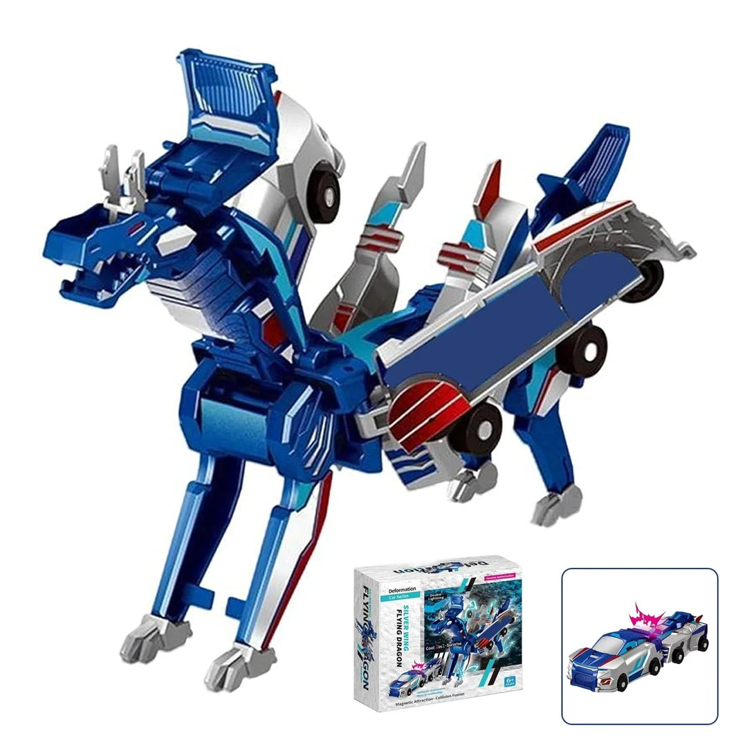 Close-up of the durable blue Magitronix transforming robot toy in its powerful robot stance.