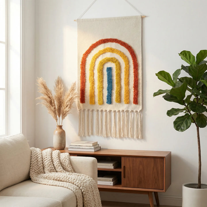 Geometric boho wall decor, a woven tapestry with textured waves & fringe. Perfect for bedroom or living space.