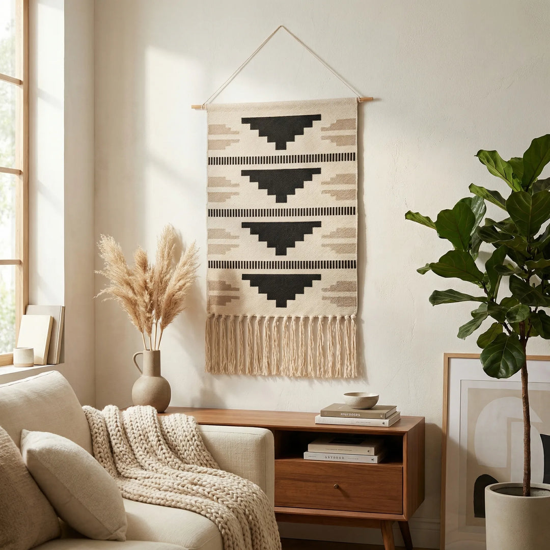 Flowique Boho geometric wall hanging with textured waves, fringe, & intricate woven patterns for home decor.