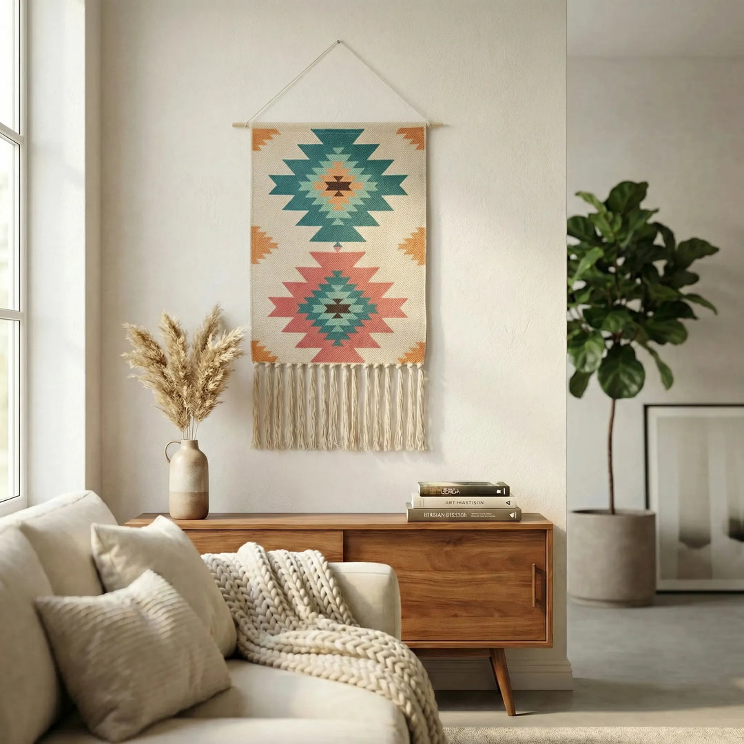 Textured geometric wall hanging with bohemian style, waves & fringe. Perfect home accent & woven art.