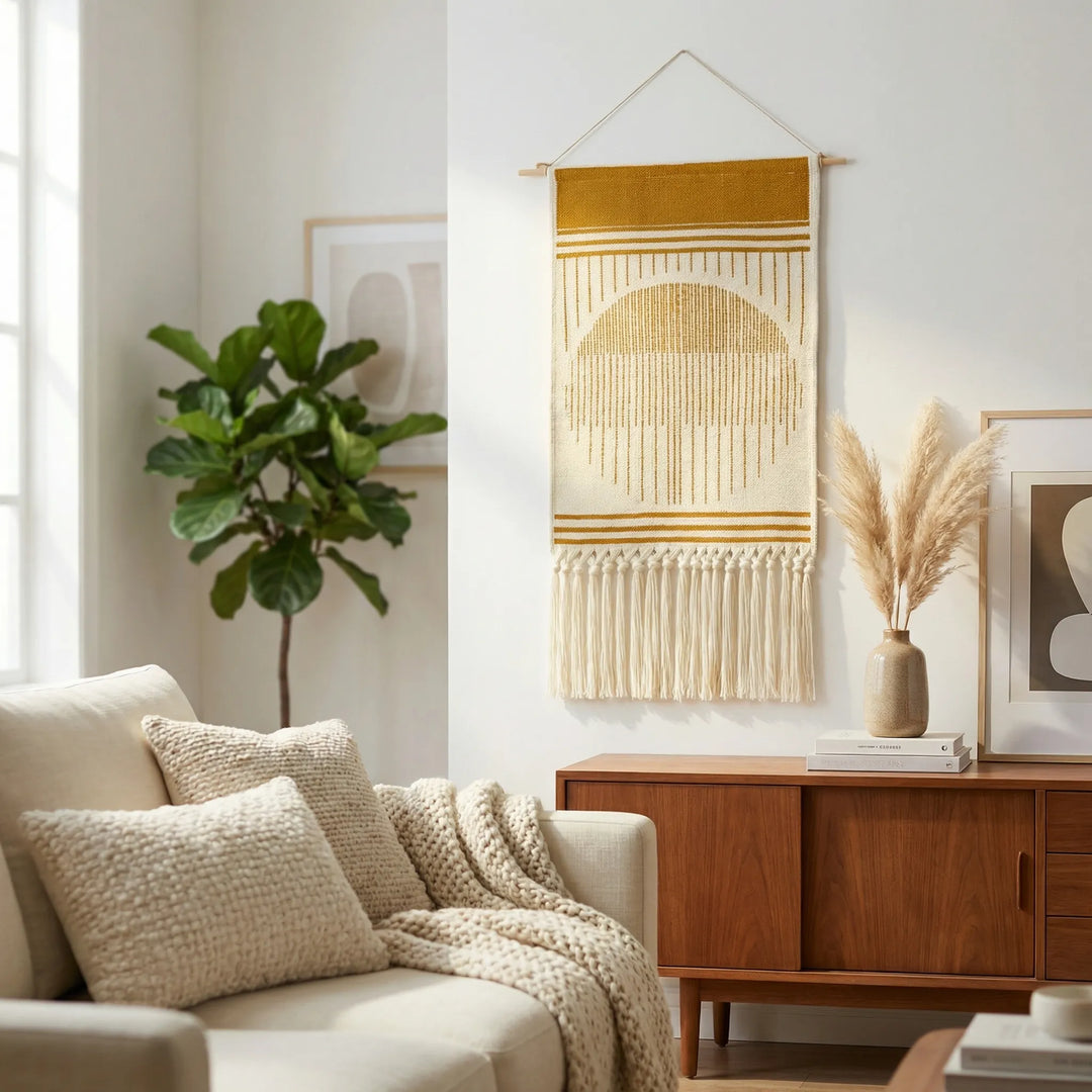 Close-up of textured boho wall hanging, showing geometric weaves, fringe, and wavy patterns. Home decor.