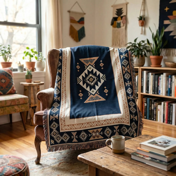 Woven boho tapestry throw blanket featuring an abstract wave pattern, ideal for modern home decor.