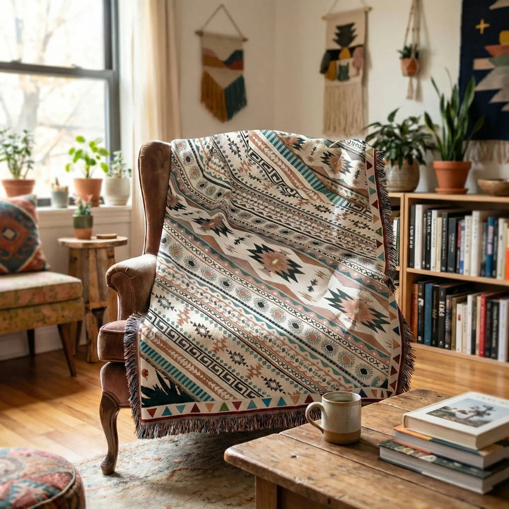 Statement boho tapestry throw blanket with wave design, enhancing living room home decor and comfort.