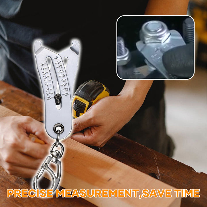 Mechanic's hand holding the Bolt & Nut Thread Checker as a practical sizing tool
