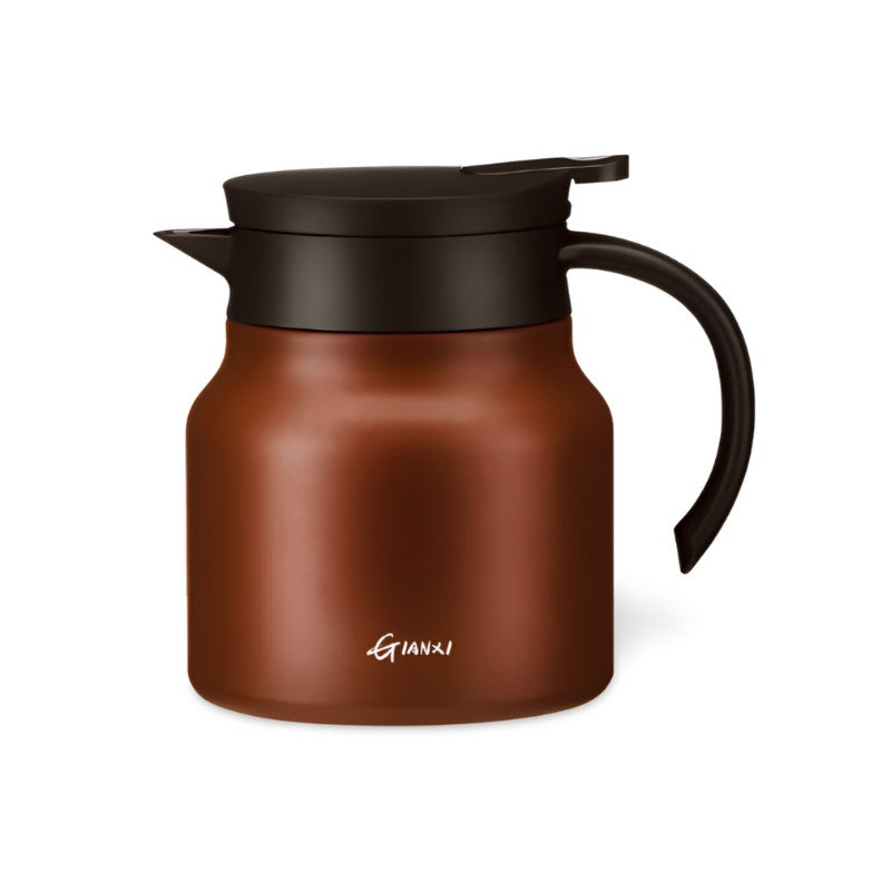 "Brown insulated teapot with ceramic liner and infuser, 800ml capacity, ideal for hot or cold beverages, kitchen essential."