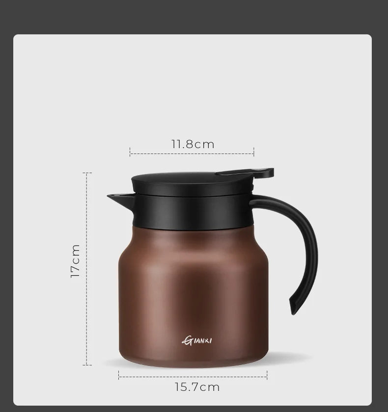 "Brown insulated teapot with ceramic liner and infuser, 800ml capacity, ideal for hot or cold beverages, kitchen essential."