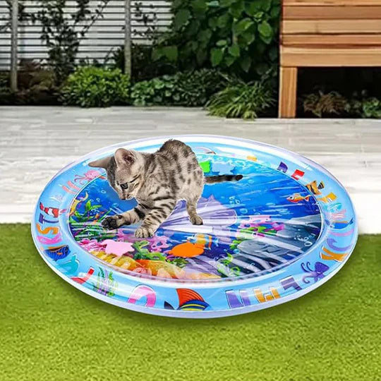 Packaging for the interactive pet water play mat, highlighting its benefits as a cat enrichment toy
