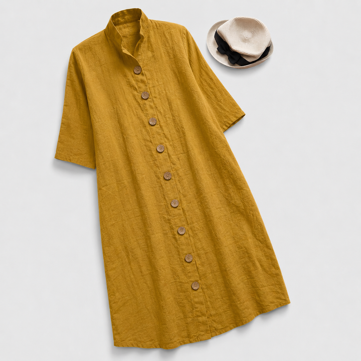 Chic women's button-down midi shirt dress with a stylish layered hem, perfect for casual or versatile wear.