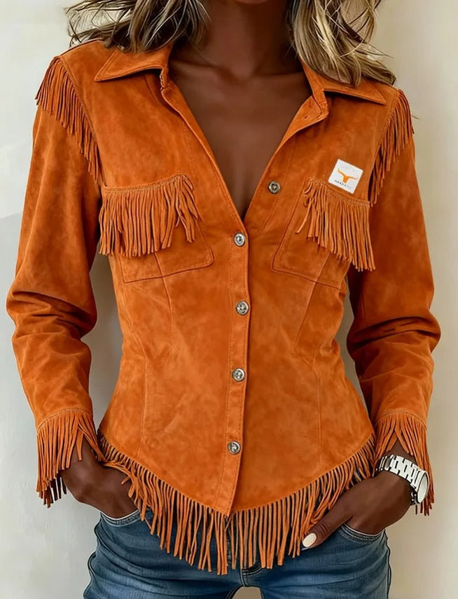 Chic women's fringe long sleeve button-down blouse, perfect for casual or western wear. Trendy & versatile.