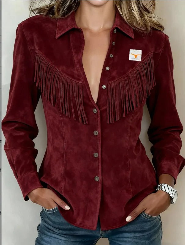 Bohemian fringe long sleeve button-down top for women, featuring stylish fringe details. Ideal for autumn fashion.