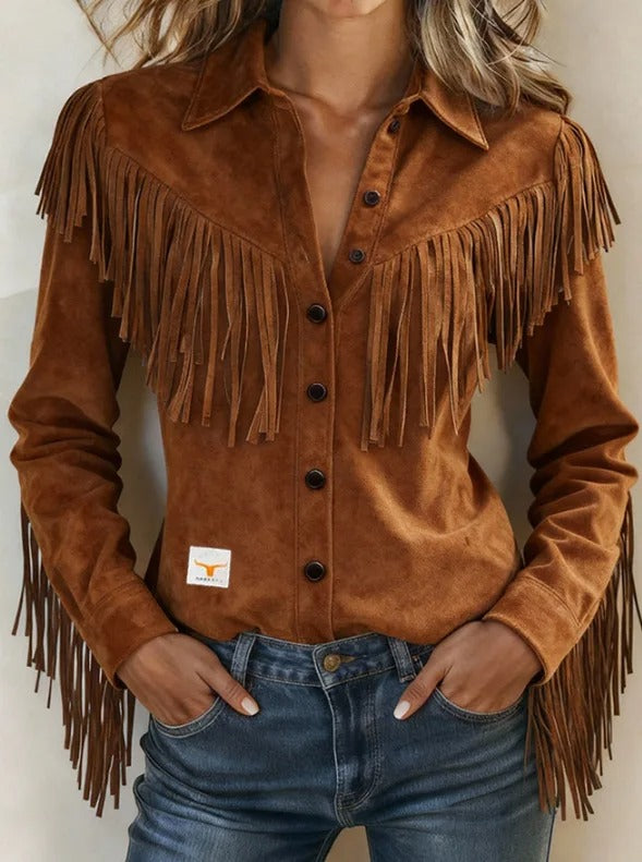 Trendy women's long sleeve button-down fringe blouse. A versatile statement top for casual chic & modern fashion.