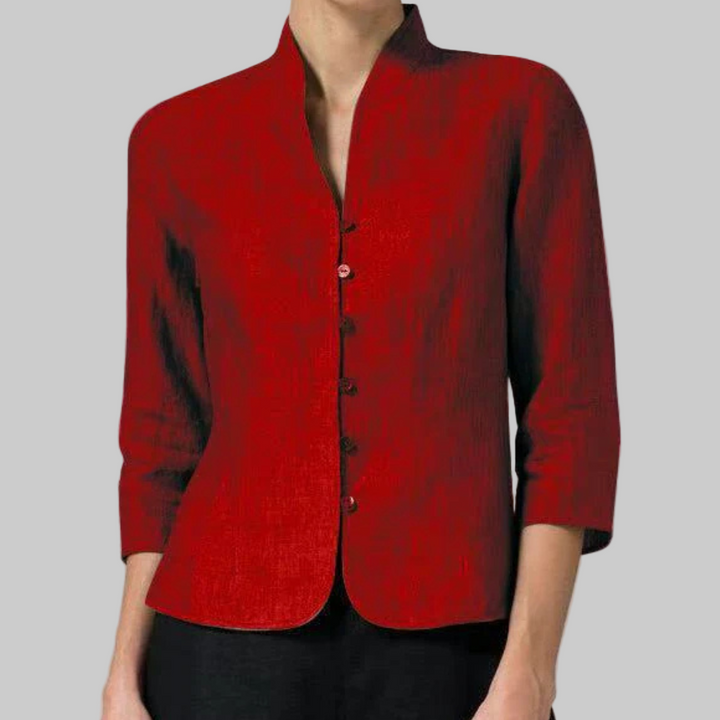 Elegant women's stand-collar blouse, three-quarter sleeve, button-front top. Perfect for office wear or casual.