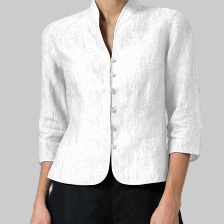 Stylish women's stand-collar blouse with three-quarter sleeves. Chic button-front top, ideal for office & casual looks.