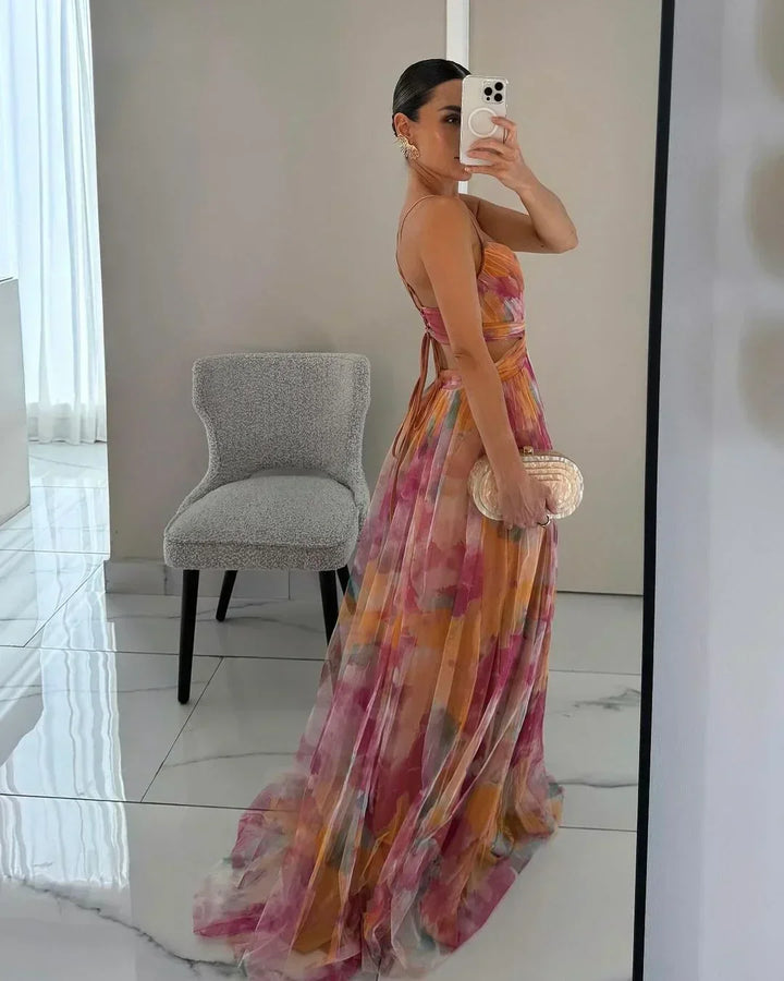 Women's flowy layered maxi dress from back view, showcasing elegant texture and comfortable, chic summer style.