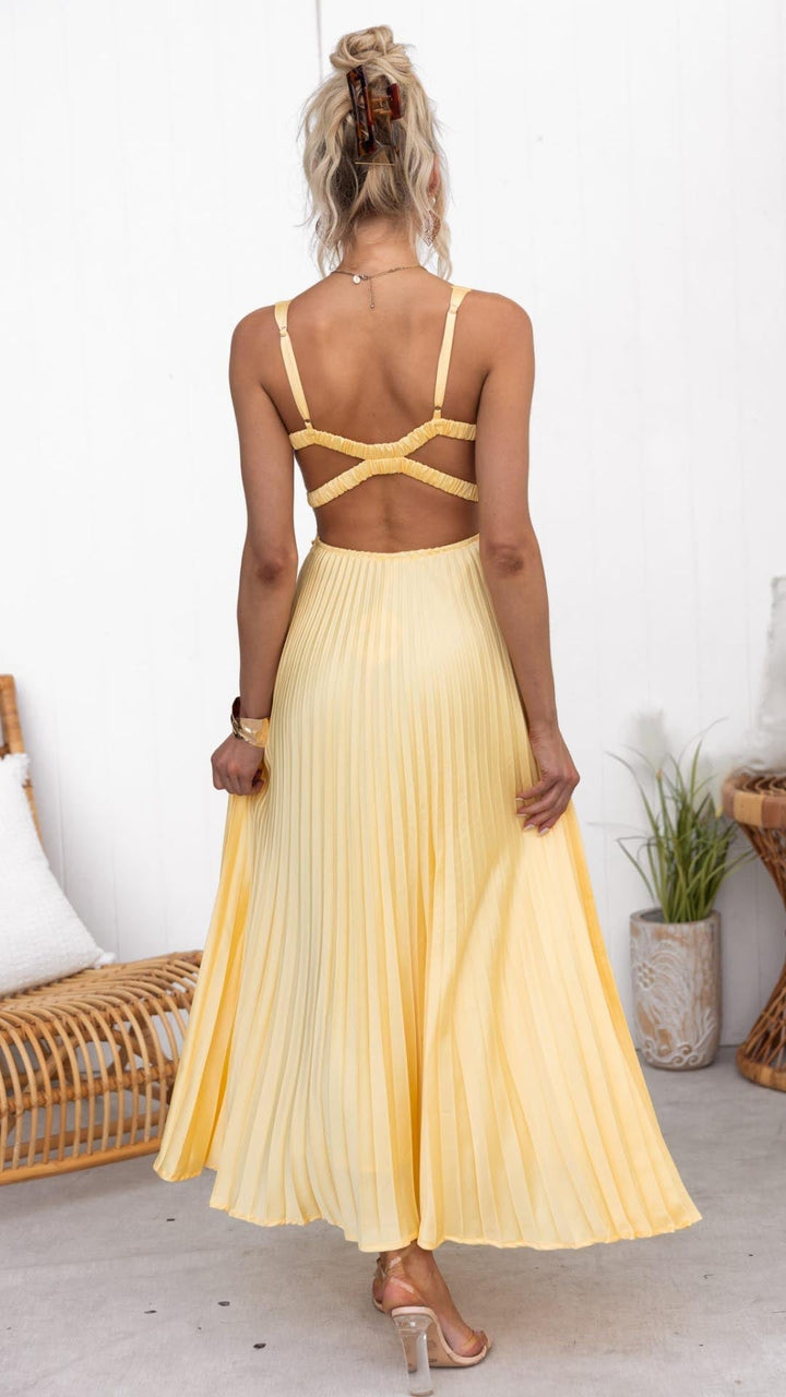 Stylish women's yellow pleated V-neck midi dress, perfect as a comfortable A-line wedding guest or elegant party dress.