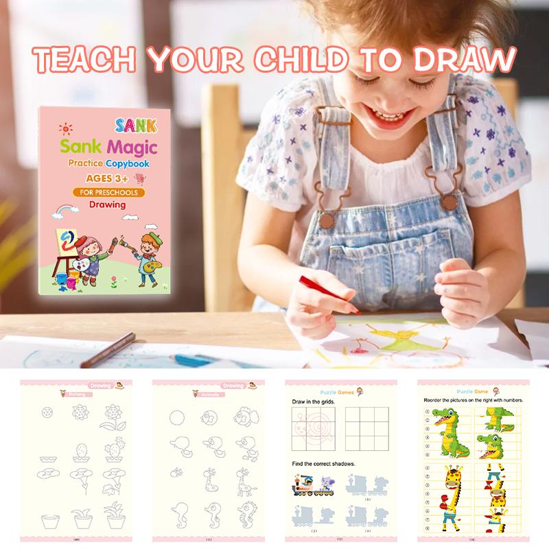 Kids learning calligraphy using a 4-book reusable magic practice copybook set for educational fun.