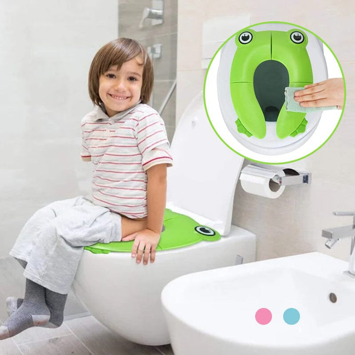 Children's folding portable potty seat, blue, showing compact fold for travel & easy storage, kids bathroom
