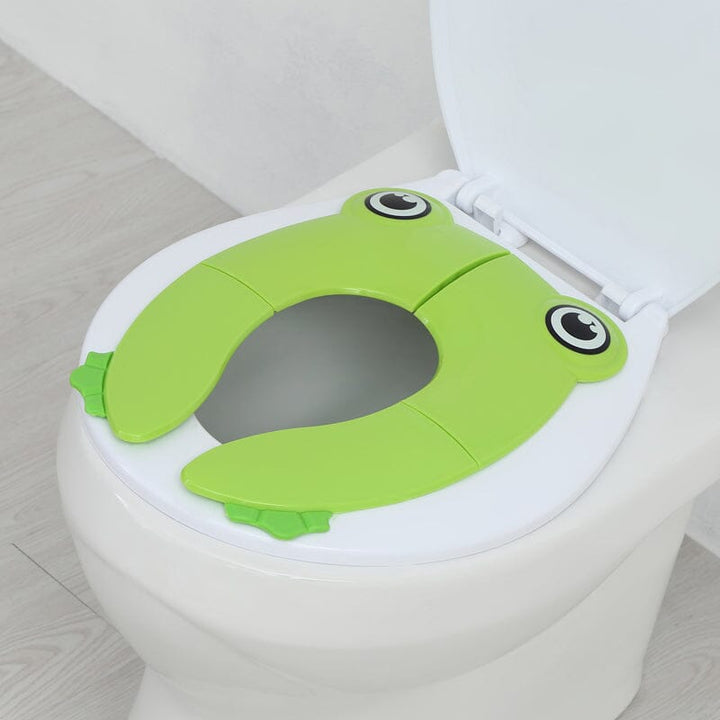 Diagram illustrating the simple 2-step folding mechanism of a children's portable potty seat