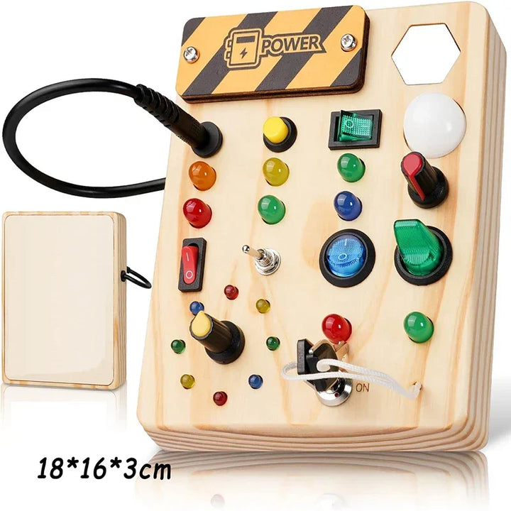 Portable wooden activity board, a perfect travel toy for quiet play and skill building.