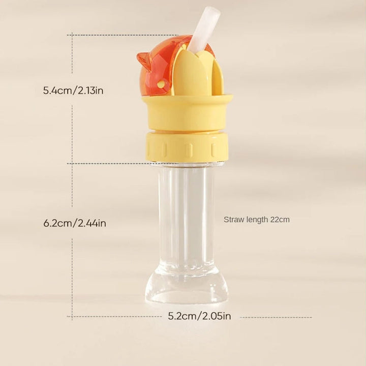 Blue straw lid attached to a child's water bottle, ready for easy and quick hydration access.
