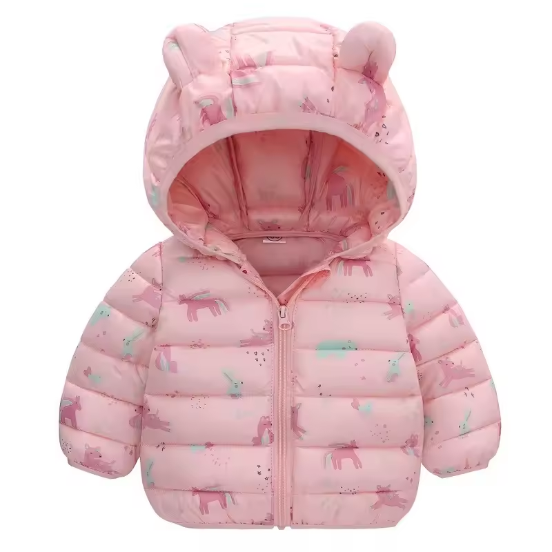 Warm waterproof kids' rain jacket for autumn outdoor adventures, featuring a playful cartoon design.