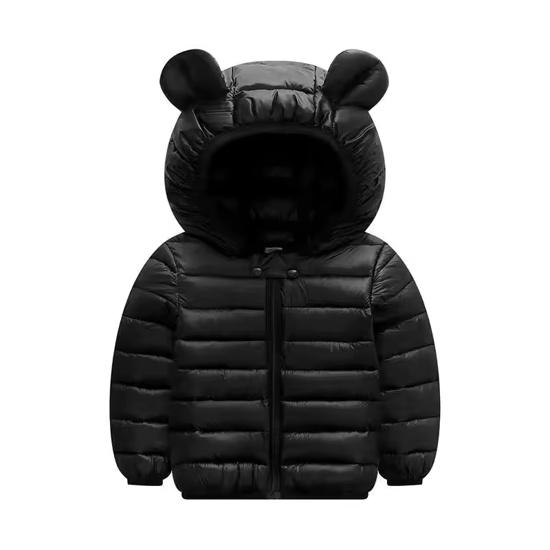 Kids' waterproof rain jacket, warm down-style with charming cartoon, ensures comfort for autumn play.