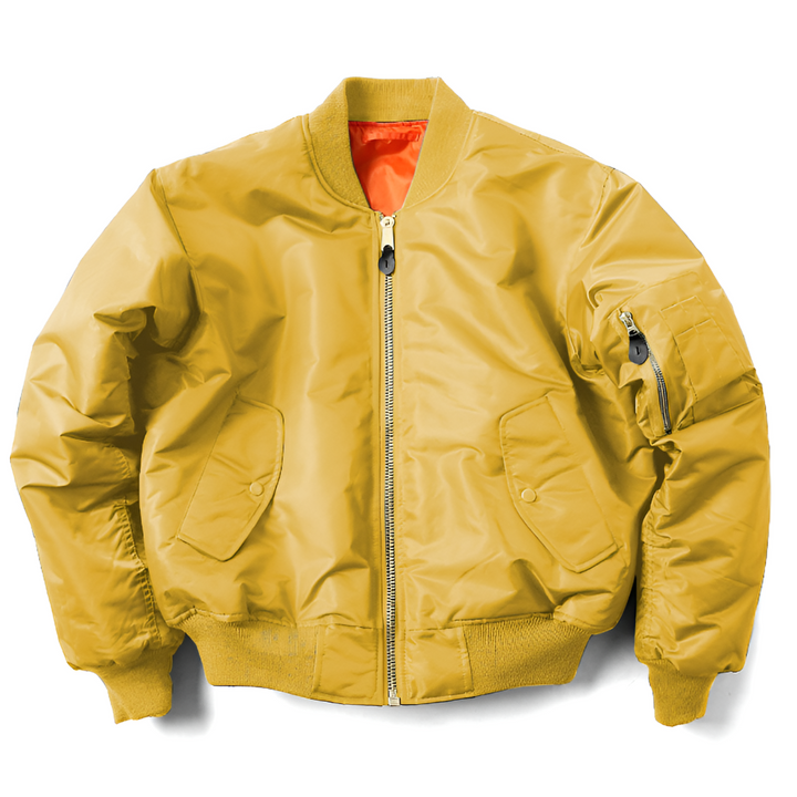 Side view of versatile classic bomber jacket. Rib-knit unisex outerwear, ideal for casual men's & women's layered looks.
