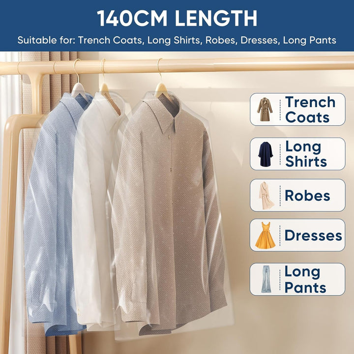 Multi-pack clear clothing covers. 50-piece set for effective dust protection & closet organization.