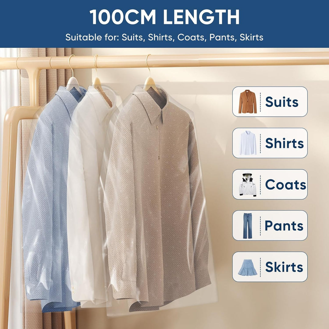 Breathable clear garment bags, 50-pack. Ideal for protecting seasonal clothes in storage or travel.