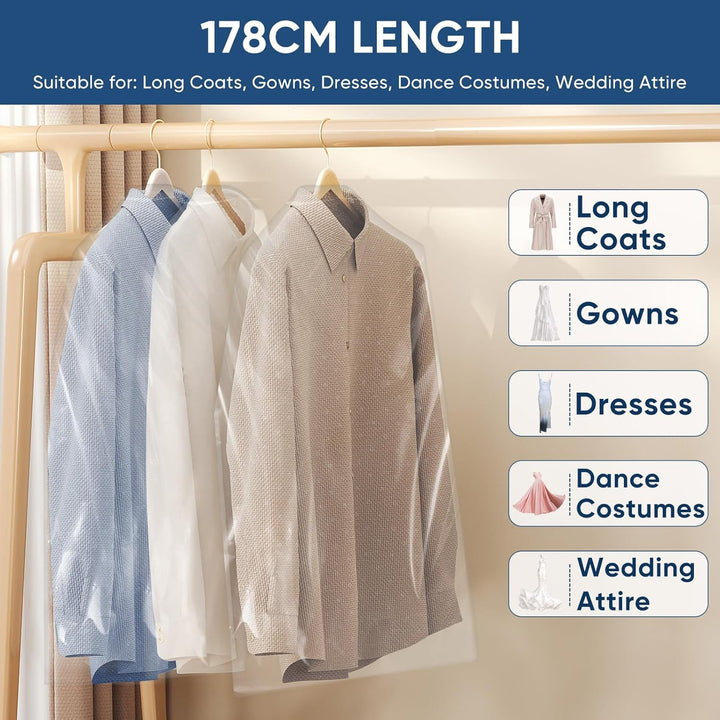 Durable clear suit bags. 50-count clothing protection covers for wardrobe, dust, and travel needs.